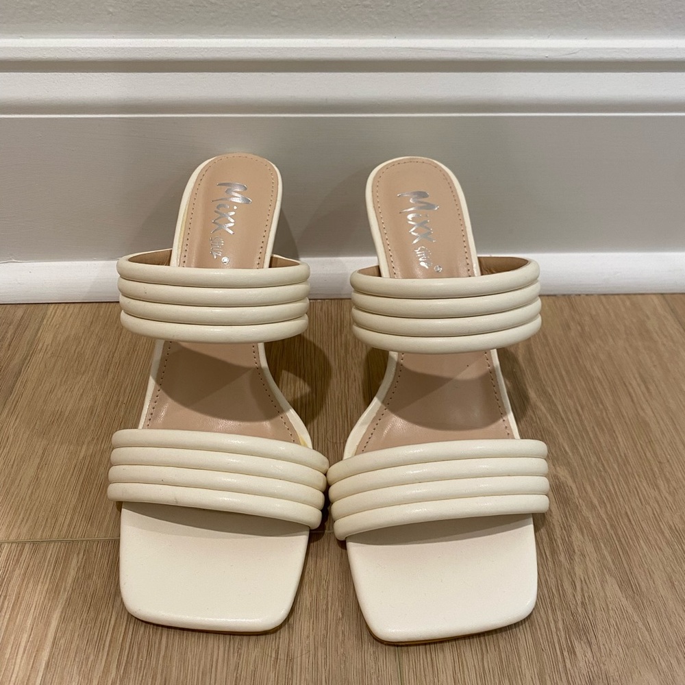 Cream 2 Strap, Square Toe Stiletto 3” Heels. Size: 6.5